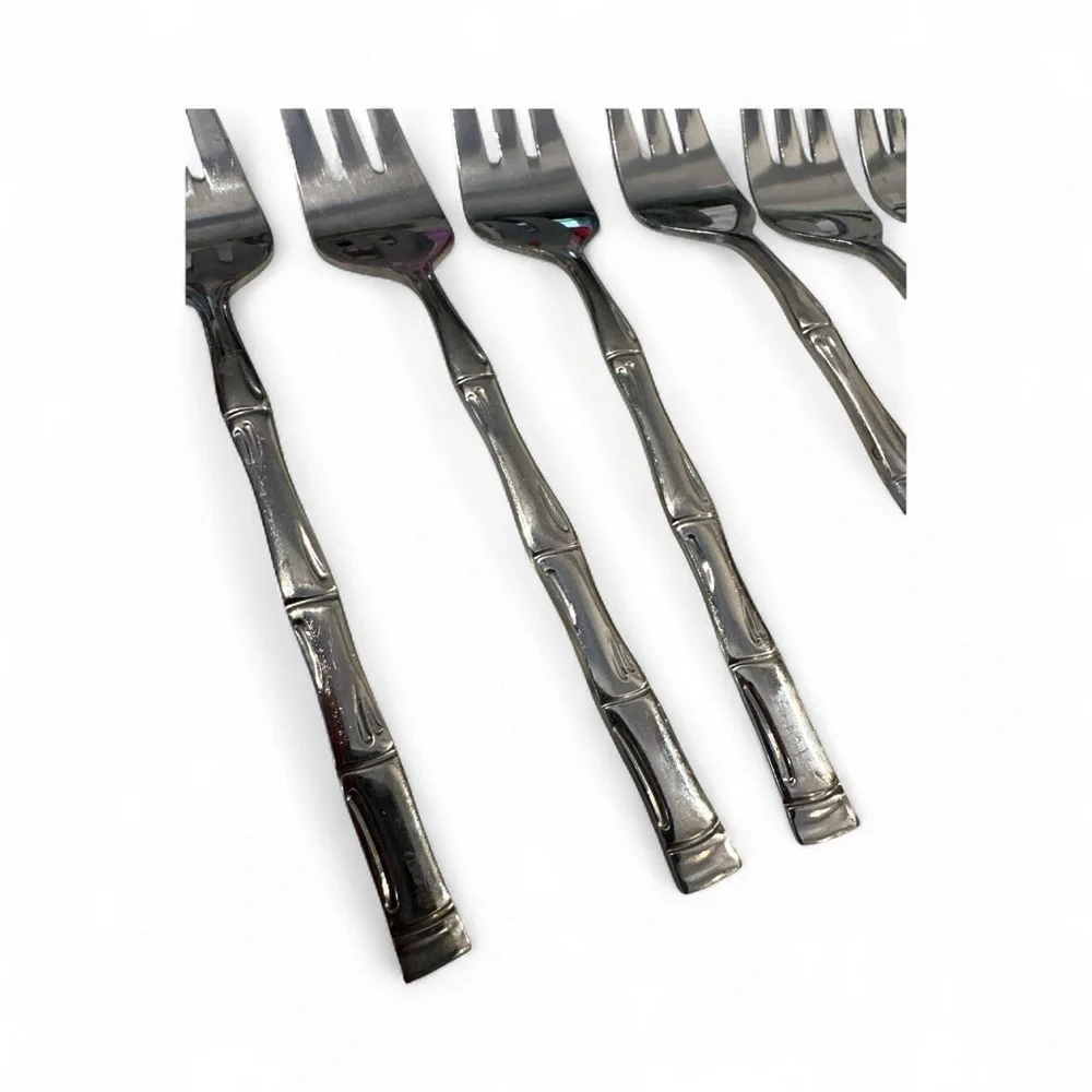 7 Piece VTG  Mid Century KOREA Bamboo Stainless Steel Flatware Salad Forks 6.5